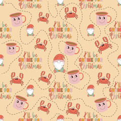Retro Groovy Christmas seamless pattern with . Cute Holidays background. Wrapping design. Stock vector