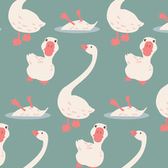 Cute and funny geese seamless pattern. Goose in the water swimming, watching in front of the camera with big nose, long neck. Domestic bird. Muted, pastel colors.