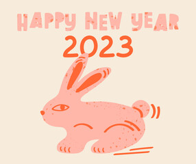 New year 2023 illustration with colorful rabbit, numbers and text. Trendy vector print design, animal lettering typography poster.