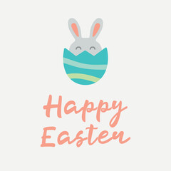 Vector design for card, invitation, flyer, banner. Rabbit and egg illustration. Celebratory theme with Happy Easter writing in calligraphy style