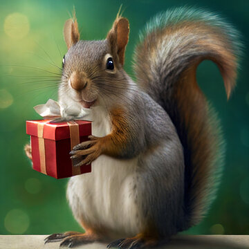 Birthday gift. Squirrel holding a christmas gift. Squirrel with a birthday present. Christmas present