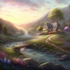 Fantasy Spring River in a beautiful flowering valley with stone house against the backdrop of a beautiful sunset and mountains. Magic calming scene. Natural wallpaper. Digital painting illustration.