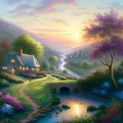 Fantasy Spring River in a beautiful flowering valley with stone house against the backdrop of a beautiful sunset and mountains. Magic calming scene. Natural wallpaper. Digital painting illustration.