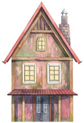 Cute cozy old house facade with chimney and timber frame structure. Watercolor hand painted cottage front view illustration for greeting cards and postcard design