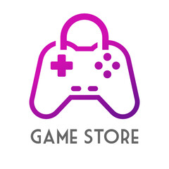 Logo con texto Game Store con joystick gamer con forma de bolsa de la compra lineal