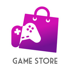 Logo con texto Game Store con joystick gamer en espacio negativo sobre bolsa de la compra