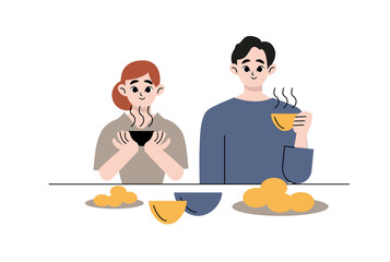 Fototapeta na wymiar Vector cartoon illustration of young couple eating healthy food at the table, and watch on each other. Lunch together.