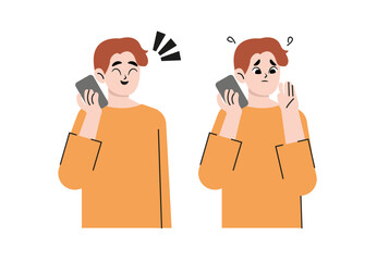 Man is talking on the phone with different emotions. Cheerful, thoughtful. Flat drawn style vector design illustration