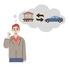 Man thinking Barter. Property Exchange.Barter commerce trade transaction economic concept exchange swap goods drawing illustration.