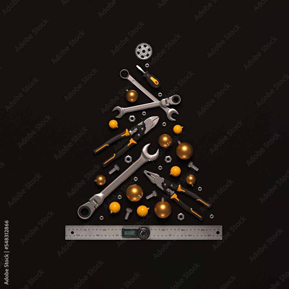 Wall mural a symbolic christmas tree made of construction tools on a black background. 3d render illustration.