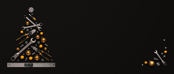 A symbolic Christmas tree made of construction tools on a black background. 3D render illustration.