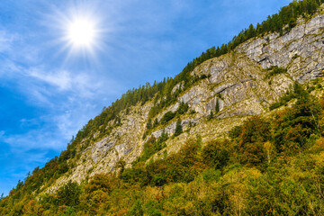 Alps mountains covered with forest, Koenigssee, Konigsee, Berchtesgaden National Park, Bavaria, Germany