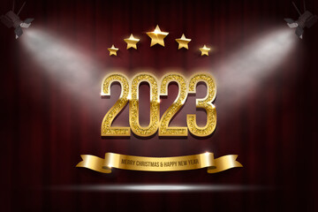 Golden 2023 number under spotlight vector illustration. Merry Christmas and Happy new year banner template. Festive postcard, xmas greeting card design with red curtain, stars and ribbon.