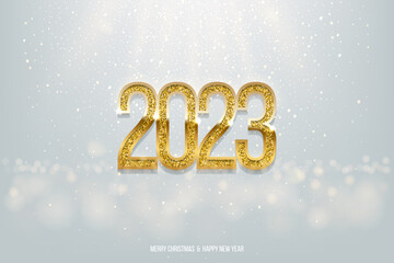Happy New Year banner vector template. Winter holiday, Christmas congratulations. Festive postcard, luxurious greeting card concept. Gold 2023 number with golden glitter illustration with text space.