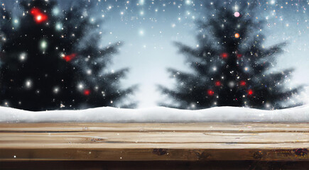 sfondo natalizio con alberi e luci di natale sfocati e con primo piano asse di legno ideale per product placement - obrazy, fototapety, plakaty