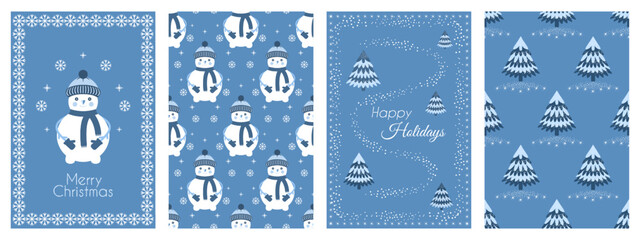 Universal template for Christmas cards, congratulations and corporate invitations with Christmas trees, snowmen, snowflakes. For banner, postcard, poster. Vector illustration. Patterns.