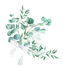 Watercolor foliage bouquet with white lace bow. Eucalyptus, gypsophila and pistachio branches. Hand drawn botanical illustration isolated on white background. Can be used for greeting cards, posters