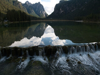 Autumn morning after the rain by the lake of Dobbiaco(Toblacher See). South Tyrol, province of...