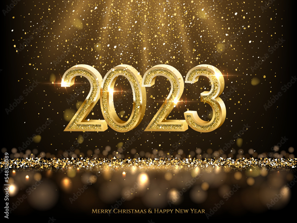 Wall mural 2023 happy new year greeting card vector illustration. 2023 golden numbers with gold falling confett
