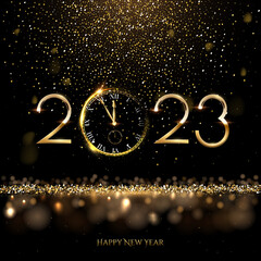 2023 Happy New Year clock countdown background. Gold glitter shining in light with sparkles abstract celebration. Greeting festive card vector illustration. Merry holiday poster or wallpaper design. - obrazy, fototapety, plakaty