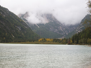 Autumn morning after the rain by the lake of Dobbiaco(Toblacher See). South Tyrol, province of...