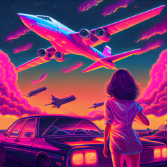 Neon lights, neon color , lsd abstract composition, retro wave, girl in the car, collection