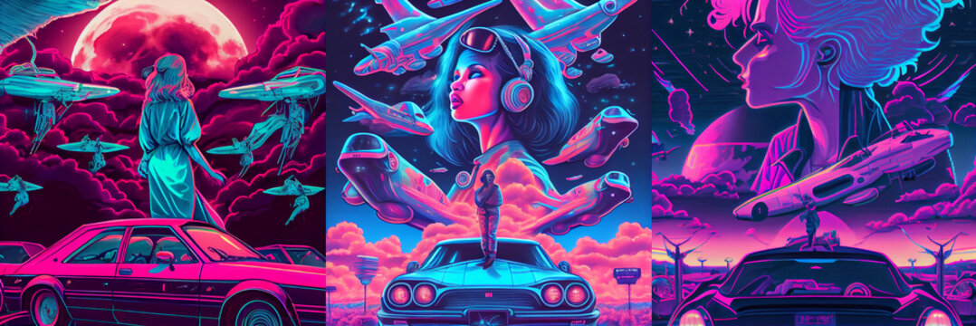 Neon lights, neon color , lsd abstract composition, retro wave, background with cars, collection