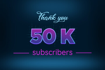 Fototapeta na wymiar 50 K subscribers celebration greeting banner with Purple Glowing Design