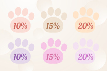 Promotional pet paw vector collection with percentage off
