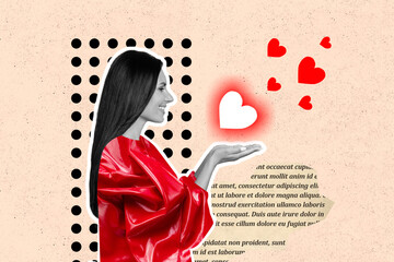 Photo sketch collage graphics artwork picture of happy smiling lady sending shiny bright hearts...