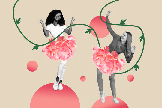 Creative 3d photo collage artwork graphics painting of two happy smiling ladies dancing peony skirts isolated drawing background