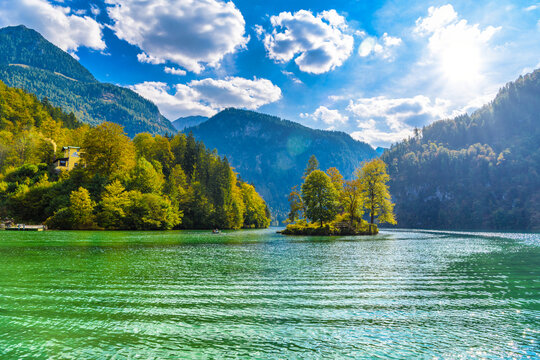 Small island with trees in the lake Koenigssee, Konigsee, Berchtesgaden National Park, Bavaria, Germany