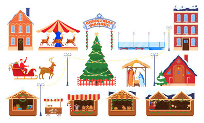 Christmas market fair decoration and kiosk, holiday street outdoor sale, merchandise houses vector illustration. New Year tree, santa sleg and deer, biblical nativity story, carousel