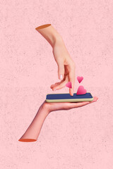 Photo artwork minimal collage picture of arms chatting online dating modern gadget isolated drawing...