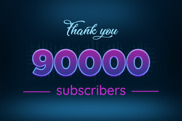 90000 subscribers celebration greeting banner with Purple Glowing Design
