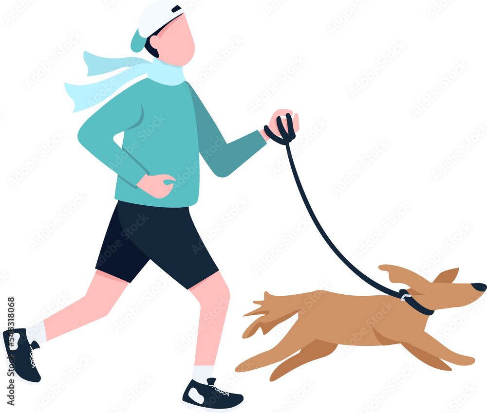 Poster man running with dog on leash semi flat color raster characters. posing figures. full body person on