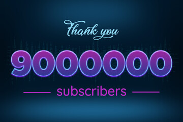 9000000 subscribers celebration greeting banner with Purple Glowing Design