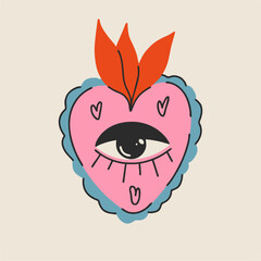 Sacred Mexican heart, my heart. Heart with eye and pattern. Cartoon style. Hand drawn color postcard. Love romantic concept. Fashion vector illustration.