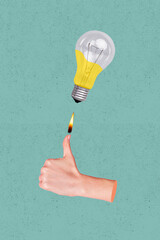 Exclusive magazine picture sketch collage image of arm thumb up lighter bulb isolated painting...