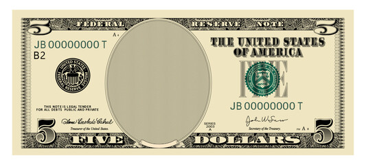 US Dollars 5 banknote - American dollar bill cash money isolated on white background - five dollars - obrazy, fototapety, plakaty