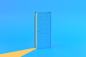 Yellow light going through the opening door in blue background room. Architectural design element. Minimal creative concept. 3D rendering 3D illustration