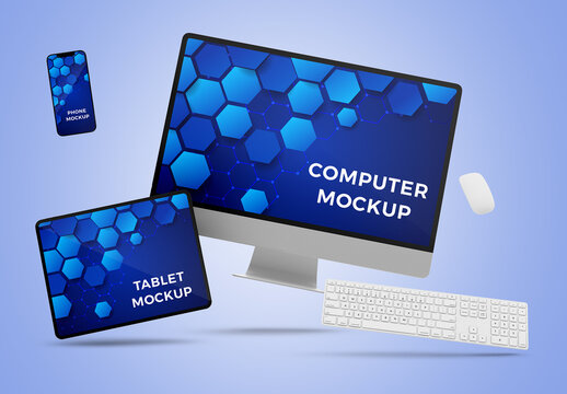 Flying Computer, phone and tablet Mockup