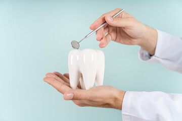 Dental care concept. Dentist holds a healthy tooth model and dentist mirror on a blue background. Close up. Teeth whitening, oral hygiene, teeth restoration, dentist day. Dental clinic special offer