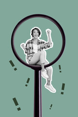 Creative photo collage artwork postcard poster of positive girl sitting big glass loupe rejoice...