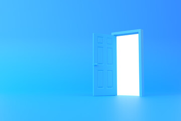 White light shines from an open door in blue background room. Architectural design element. Minimal creative concept. 3D rendering 3D illustration