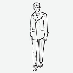 Fototapeta na wymiar Young men. Fashion male model in coat. Ink pen drawing