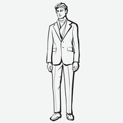 Young men. Fashion male model in suit. Ink pen drawing