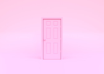 Closed pink door in pink background room. Architectural design element. Minimal creative concept. 3D rendering 3D illustration