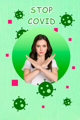 Creative 3d photo collage artwork poster of young girl arm showing stop covid sign isolated on...