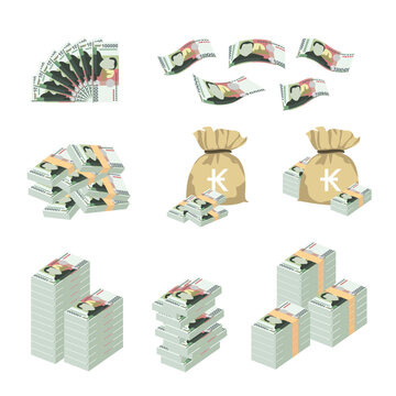 Lao Kip Vector Illustration. Huge packs of Laos money set bundle banknotes. Bundle with cash bills. Deposit, wealth, accumulation and inheritance. Falling money 100000 LAK